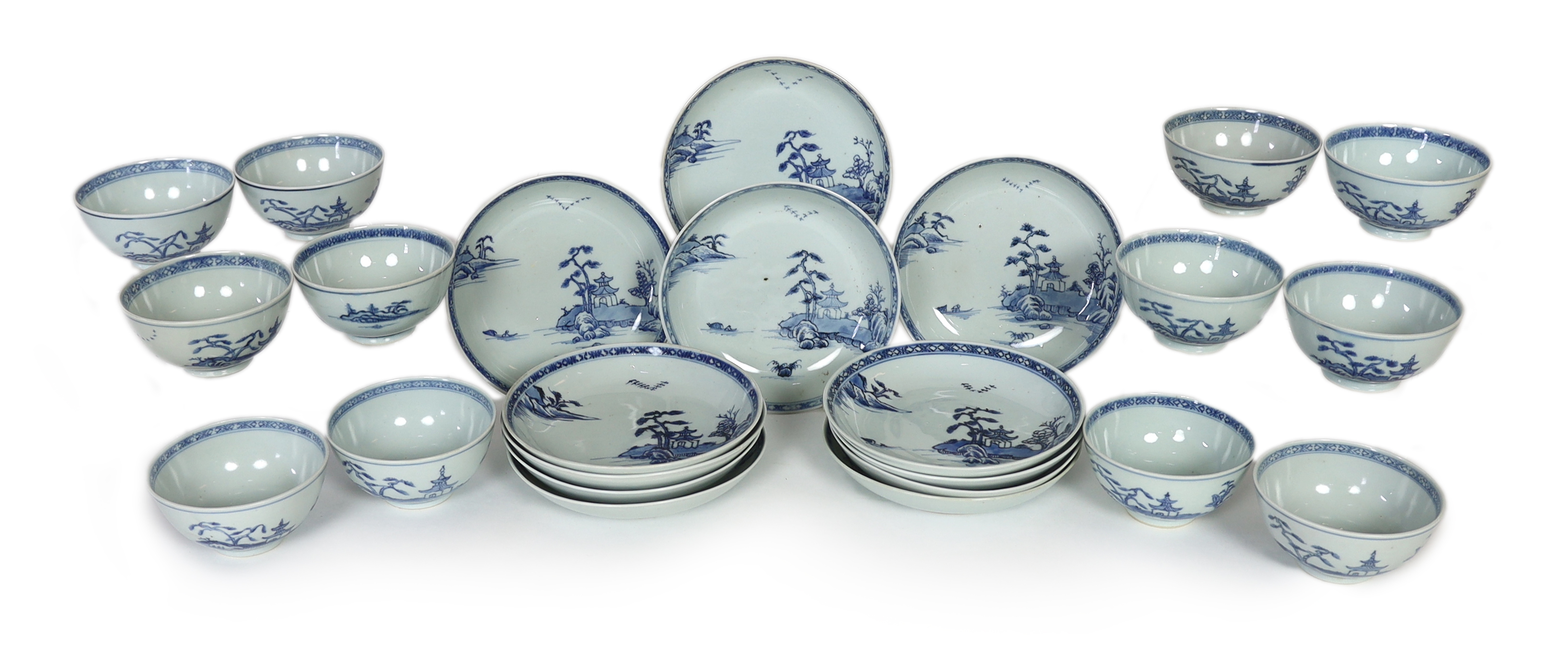 Twelve Chinese blue and white ‘Flying Geese’ bowls and saucer dishes, Nanking Cargo, c.1750